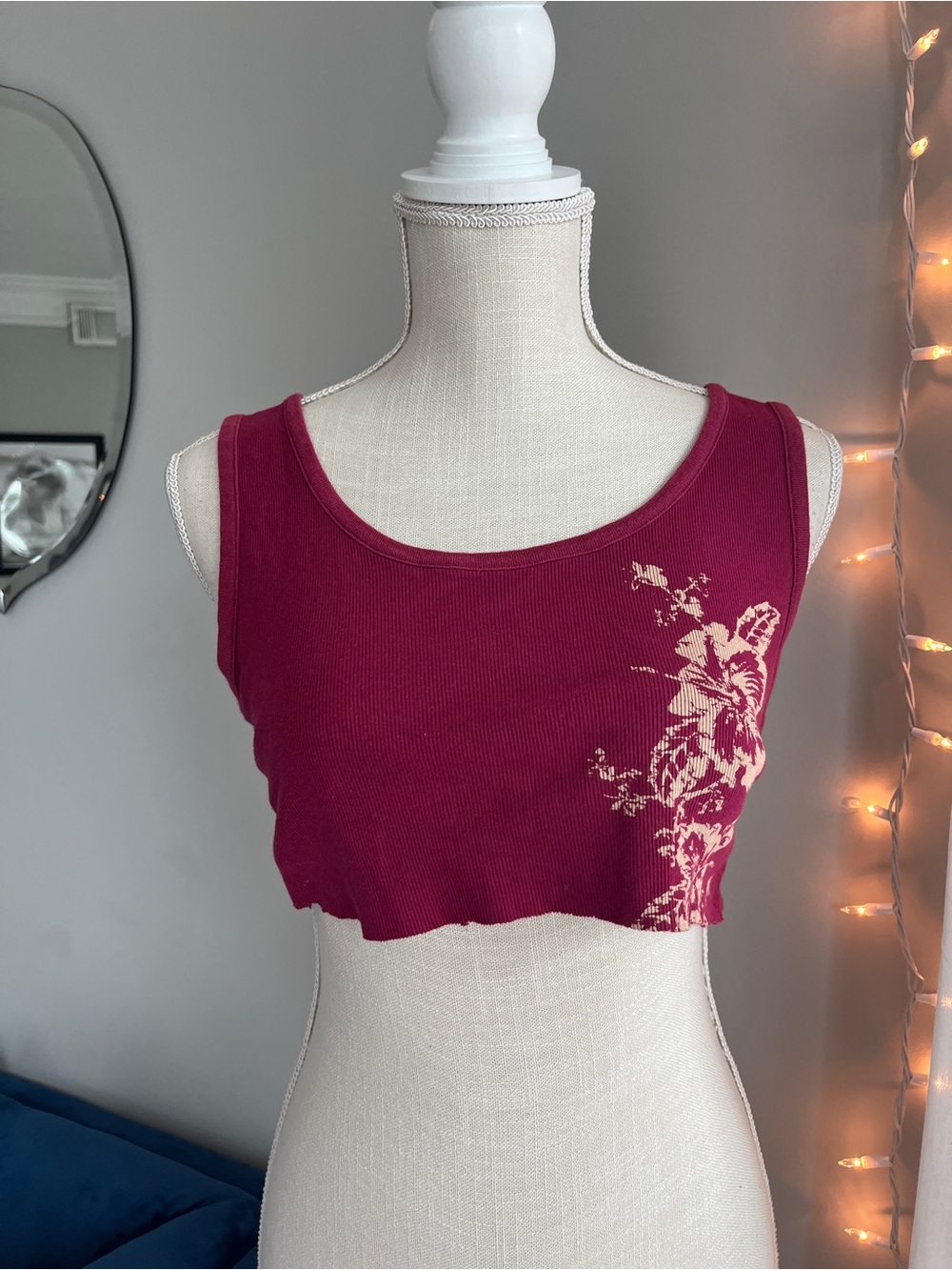 Women's Burgundy Floral Print Cropped Tank Top